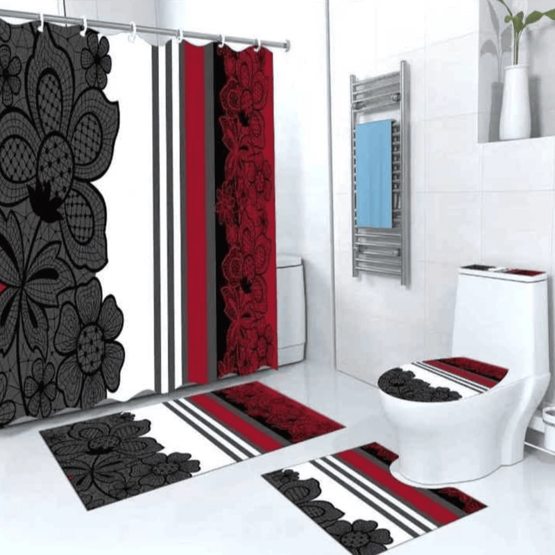 SET JUEGO DE BAÑO 4 PIEZAS CON CORTINA ALFOMBRA Y ACCESORIOS - 1