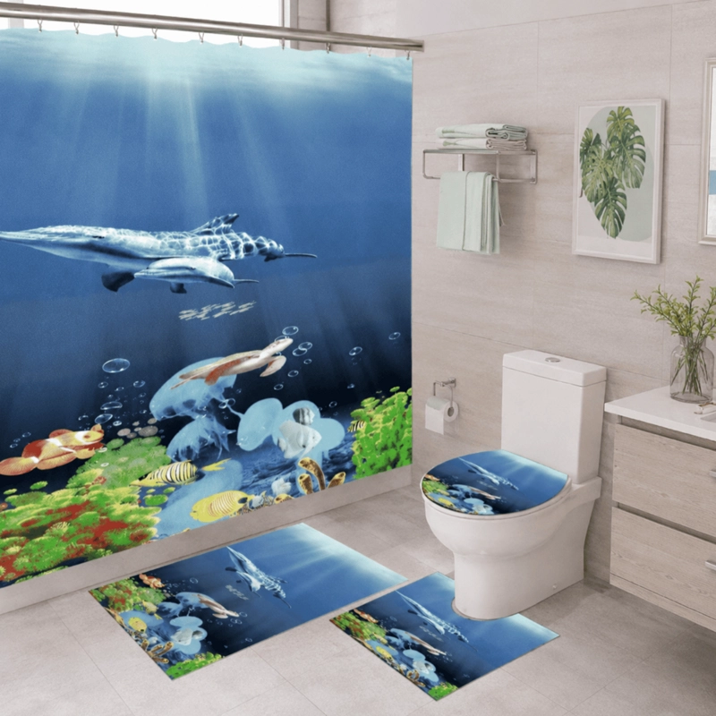 SET JUEGO DE BAÑO 4 PIEZAS CON CORTINA ALFOMBRA Y ACCESORIOS - 1