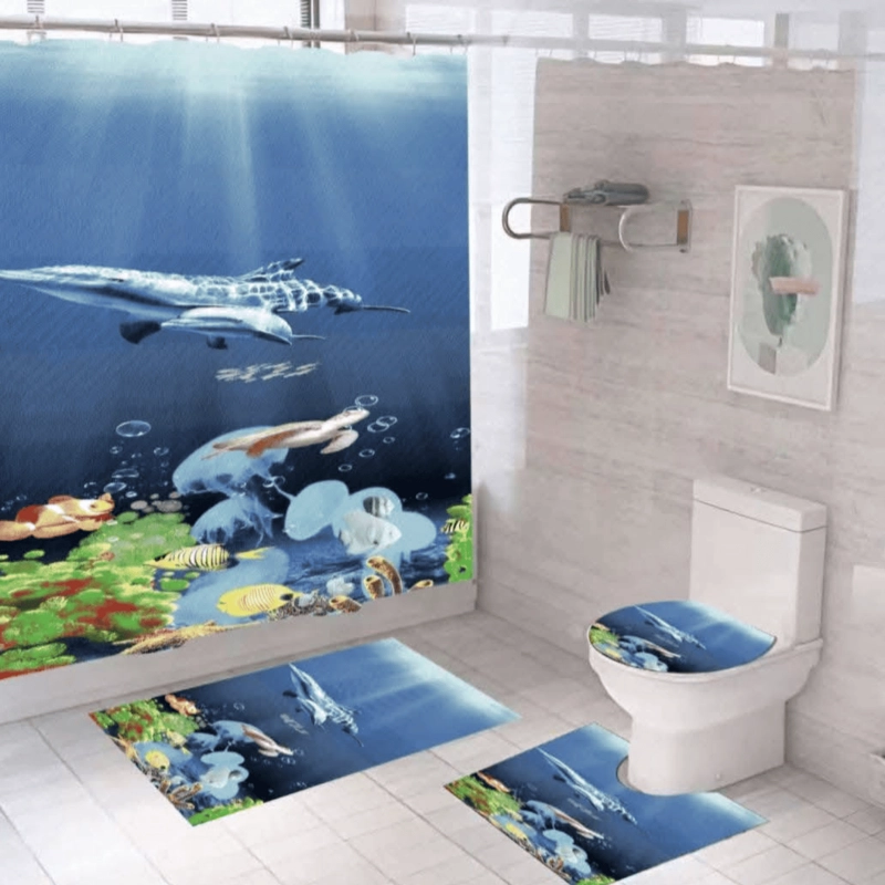 SET JUEGO DE BAÑO 4 PIEZAS CON CORTINA ALFOMBRA Y ACCESORIOS - 5