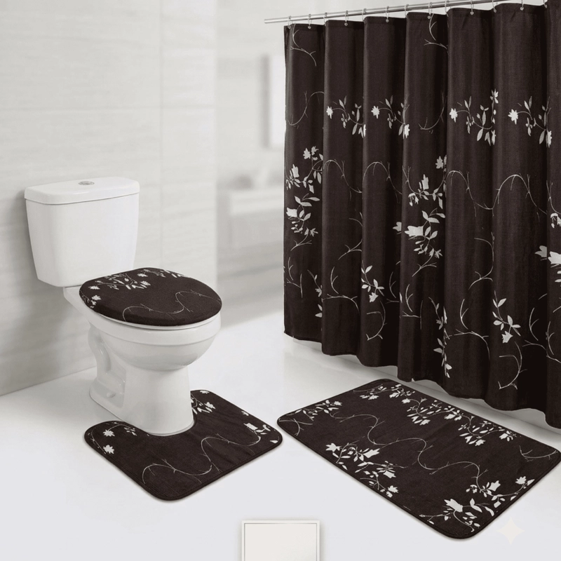 SET JUEGO DE BAÑO 4 PIEZAS CON CORTINA ALFOMBRA Y ACCESORIOS - 1