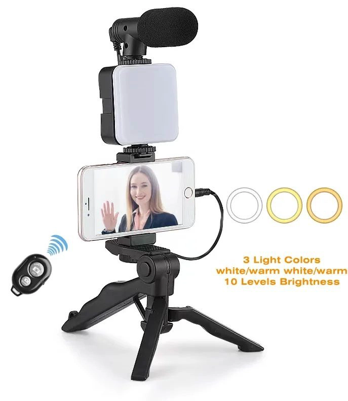 KIT DE GRABACION MICROFONO LUZ LED SOPORTE CONTROL REMOTO TRIPODE - 2