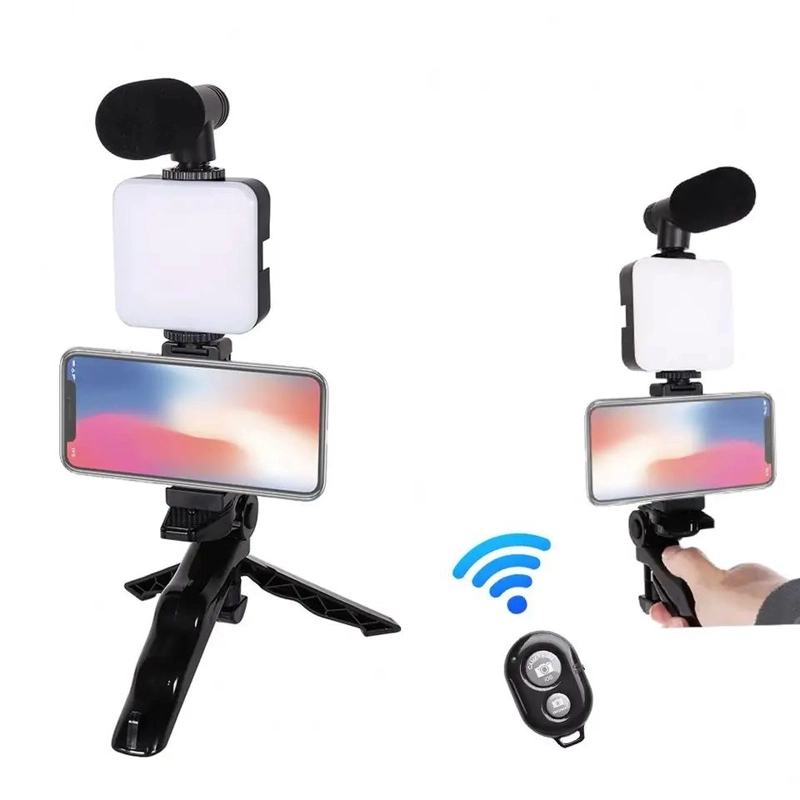KIT DE GRABACION MICROFONO LUZ LED SOPORTE CONTROL REMOTO TRIPODE - 5