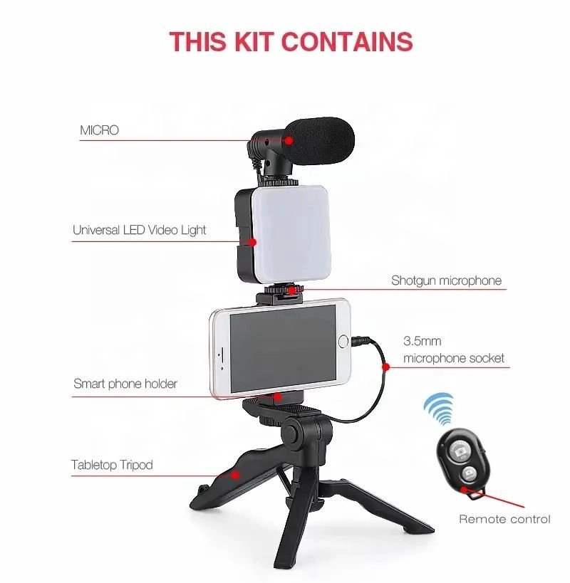 KIT DE GRABACION MICROFONO LUZ LED SOPORTE CONTROL REMOTO TRIPODE - 7
