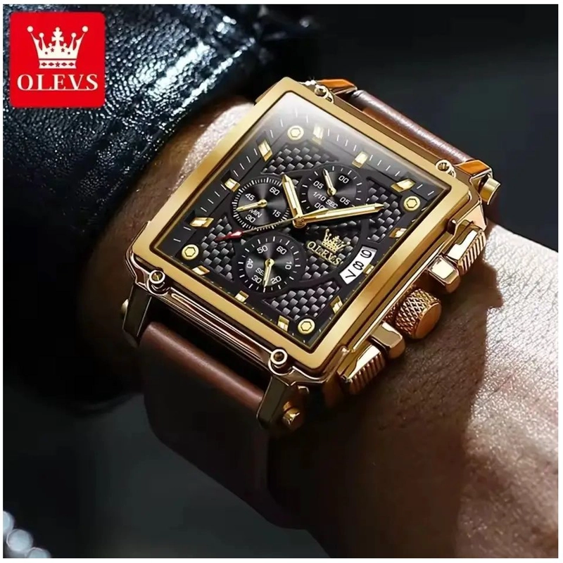 RELOJ CRONOGRAFO CUADRADO DE LUJO HOMBRE CORREA CUERO ELEGANTE - 1