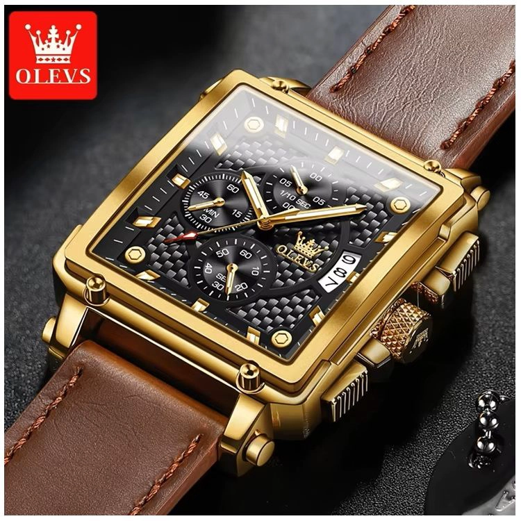 RELOJ CRONOGRAFO CUADRADO DE LUJO HOMBRE CORREA CUERO ELEGANTE - 3