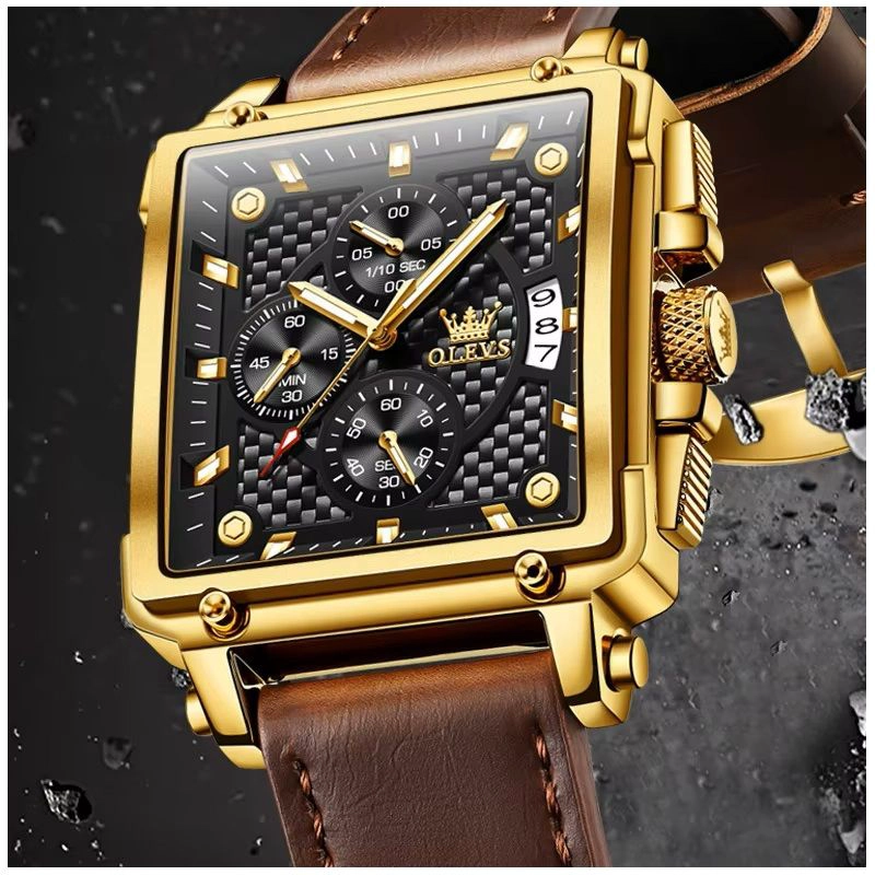 RELOJ CRONOGRAFO CUADRADO DE LUJO HOMBRE CORREA CUERO ELEGANTE - 4