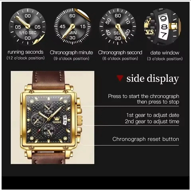RELOJ CRONOGRAFO CUADRADO DE LUJO HOMBRE CORREA CUERO ELEGANTE - 6