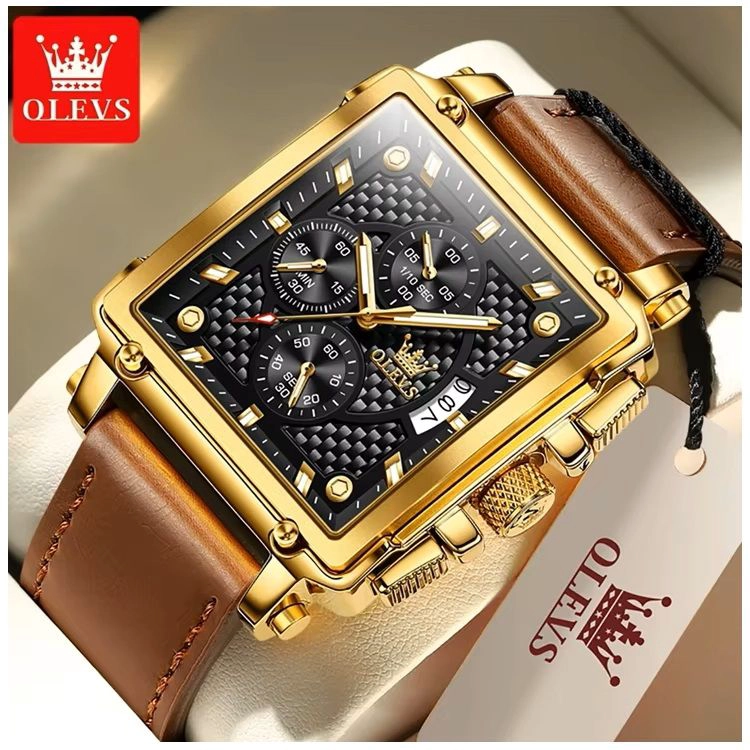 RELOJ CRONOGRAFO CUADRADO DE LUJO HOMBRE CORREA CUERO ELEGANTE - 8
