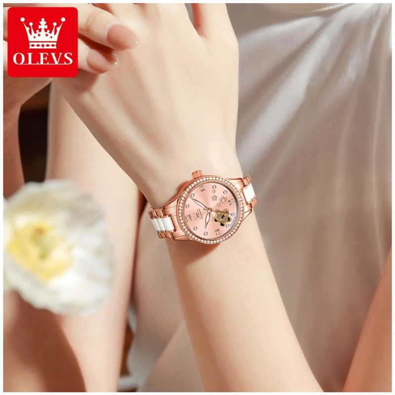 RELOJ AUTOMATICO ELEGANTE PARA MUJER CON CORREA DE ACERO INOXIDABLE Y CERAMICA CRISTALES DECORATIVOS - 6