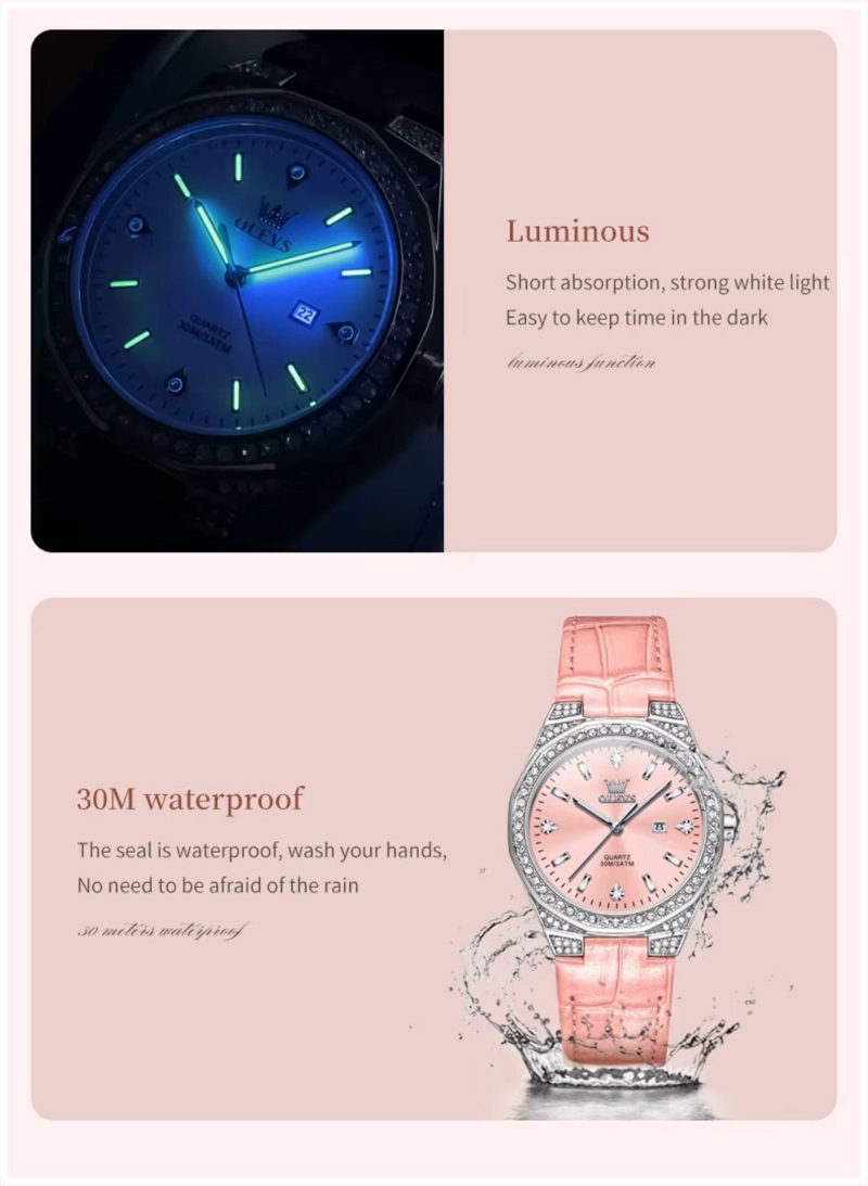 RELOJ DE CUARZO DISEÑO LUJO CORREA DE CUERO ROSA ESFERA DE CRISTALES - 8