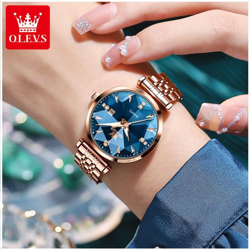 RELOJ LUJO PARA MUJER CON ESFERA AZUL FACETADA CRISTALES DECORATIVOS - 1