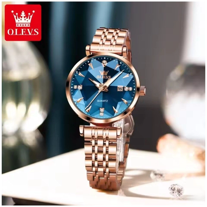 RELOJ LUJO PARA MUJER CON ESFERA AZUL FACETADA CRISTALES DECORATIVOS - 2