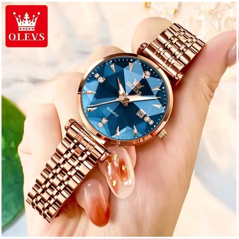 RELOJ LUJO PARA MUJER CON ESFERA AZUL FACETADA CRISTALES DECORATIVOS - 6