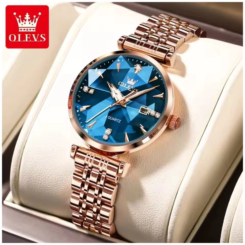 RELOJ LUJO PARA MUJER CON ESFERA AZUL FACETADA CRISTALES DECORATIVOS - 8