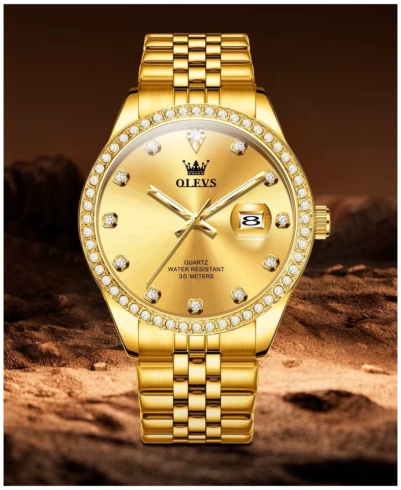 RELOJ DE LUJO PARA HOMBRE ACABADO DORADO BRILLANTE CON CRISTALES - 6
