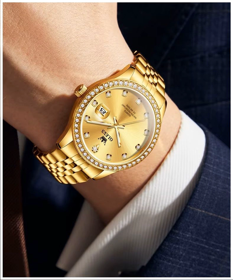 RELOJ DE LUJO PARA HOMBRE ACABADO DORADO BRILLANTE CON CRISTALES - 8