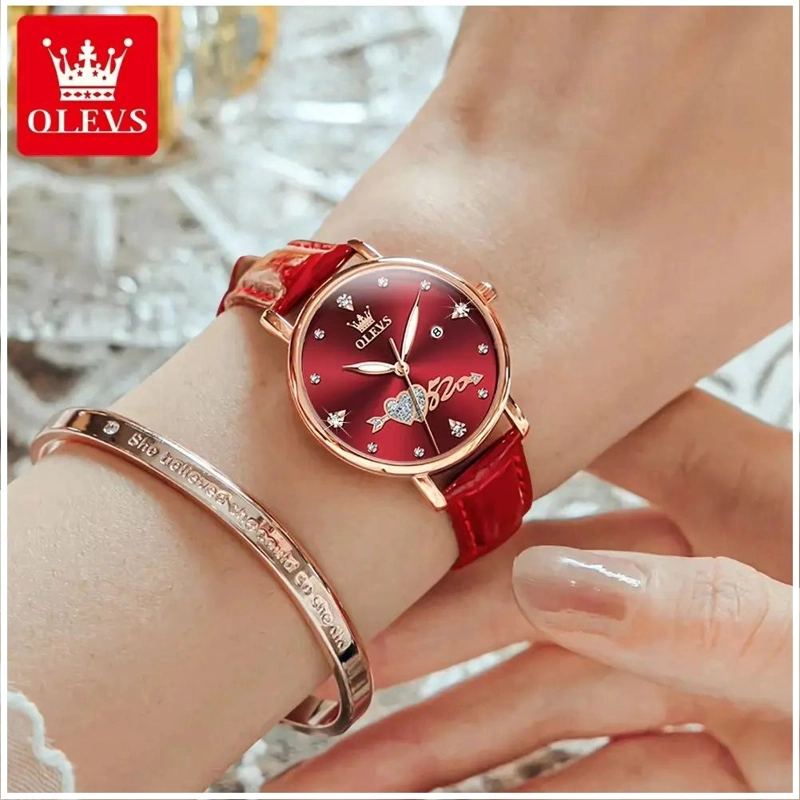 RELOJ FEMENINO DE DISEÑO ROMANTICO CON ESFERA ROJA CORREA DE CUERO - 1