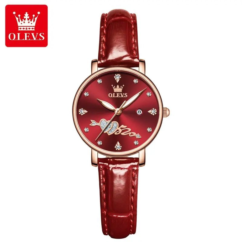 RELOJ FEMENINO DE DISEÑO ROMANTICO CON ESFERA ROJA CORREA DE CUERO - 2