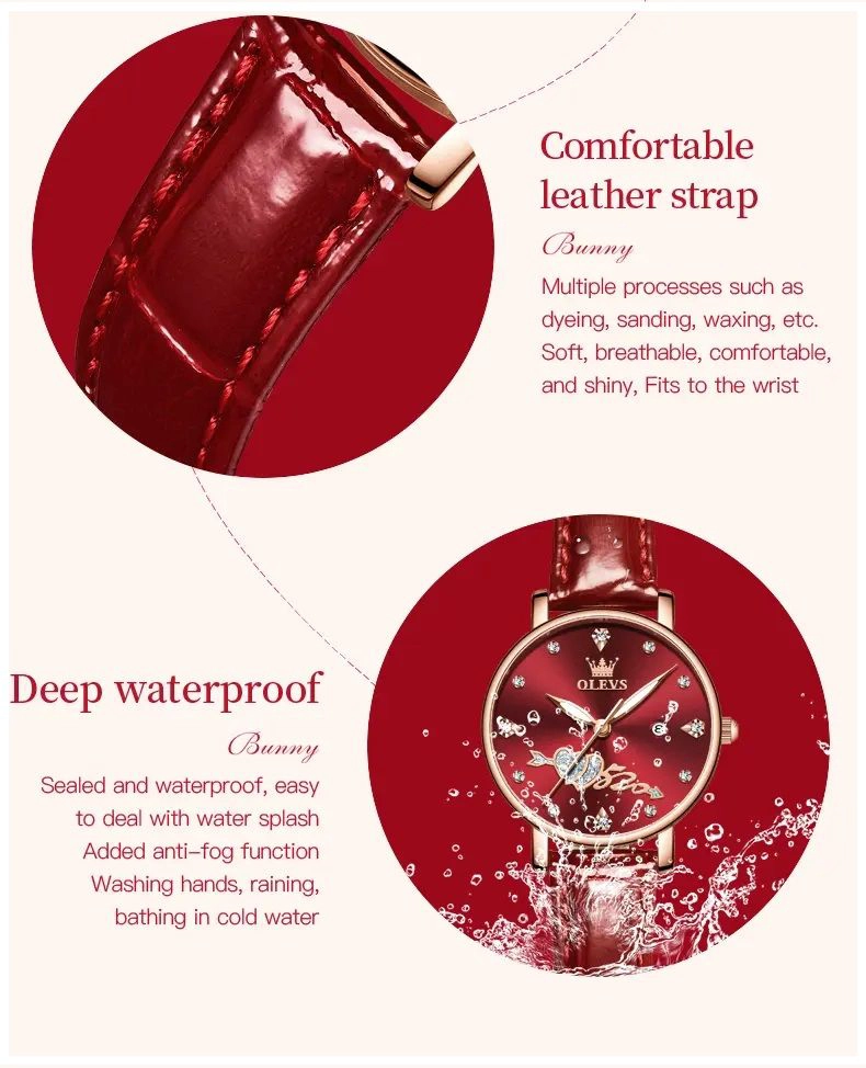 RELOJ FEMENINO DE DISEÑO ROMANTICO CON ESFERA ROJA CORREA DE CUERO - 3