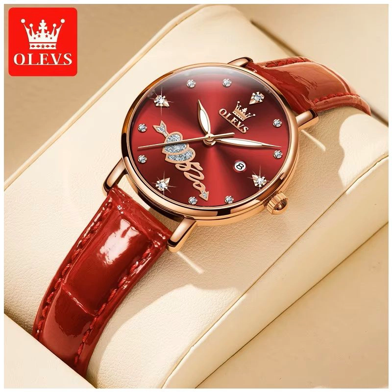 RELOJ FEMENINO DE DISEÑO ROMANTICO CON ESFERA ROJA CORREA DE CUERO - 6