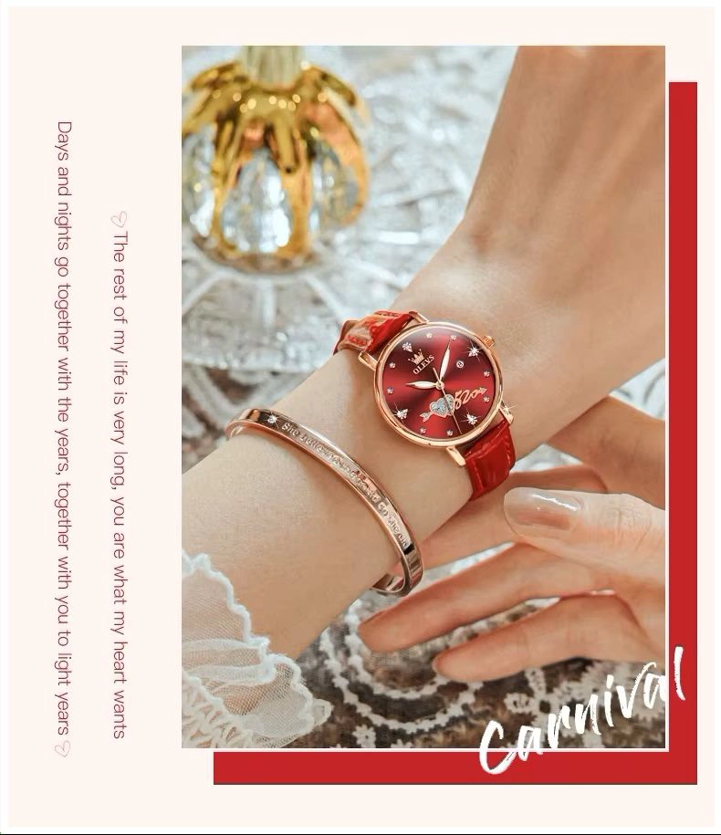 RELOJ FEMENINO DE DISEÑO ROMANTICO CON ESFERA ROJA CORREA DE CUERO - 7