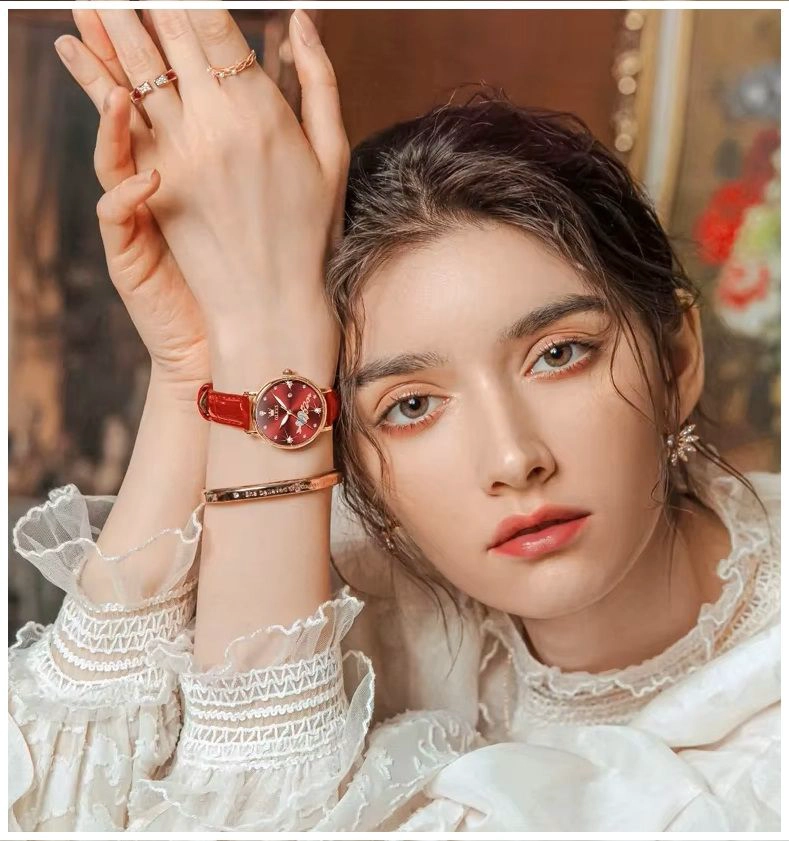 RELOJ FEMENINO DE DISEÑO ROMANTICO CON ESFERA ROJA CORREA DE CUERO - 8