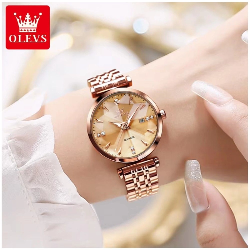 RELOJ LUJO PARA MUJER ESFERA DORADA FACETADA CRISTALES BRILLANTES - 1