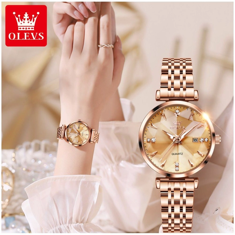 RELOJ LUJO PARA MUJER ESFERA DORADA FACETADA CRISTALES BRILLANTES - 3