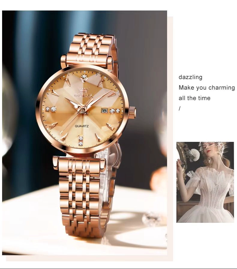 RELOJ LUJO PARA MUJER ESFERA DORADA FACETADA CRISTALES BRILLANTES - 4