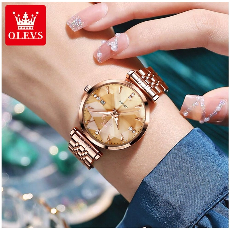 RELOJ LUJO PARA MUJER ESFERA DORADA FACETADA CRISTALES BRILLANTES - 5