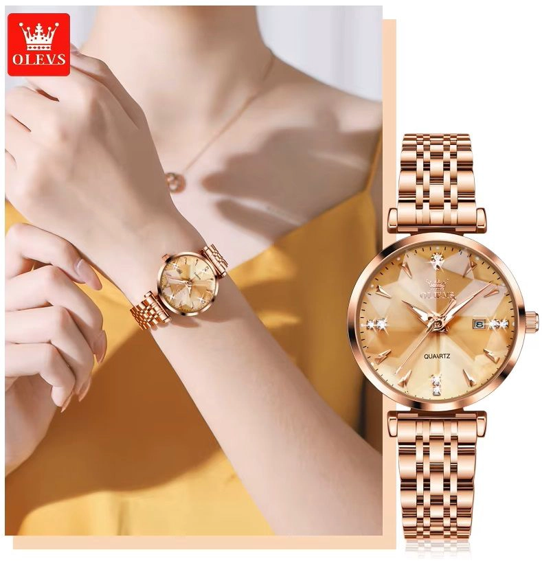 RELOJ LUJO PARA MUJER ESFERA DORADA FACETADA CRISTALES BRILLANTES - 6