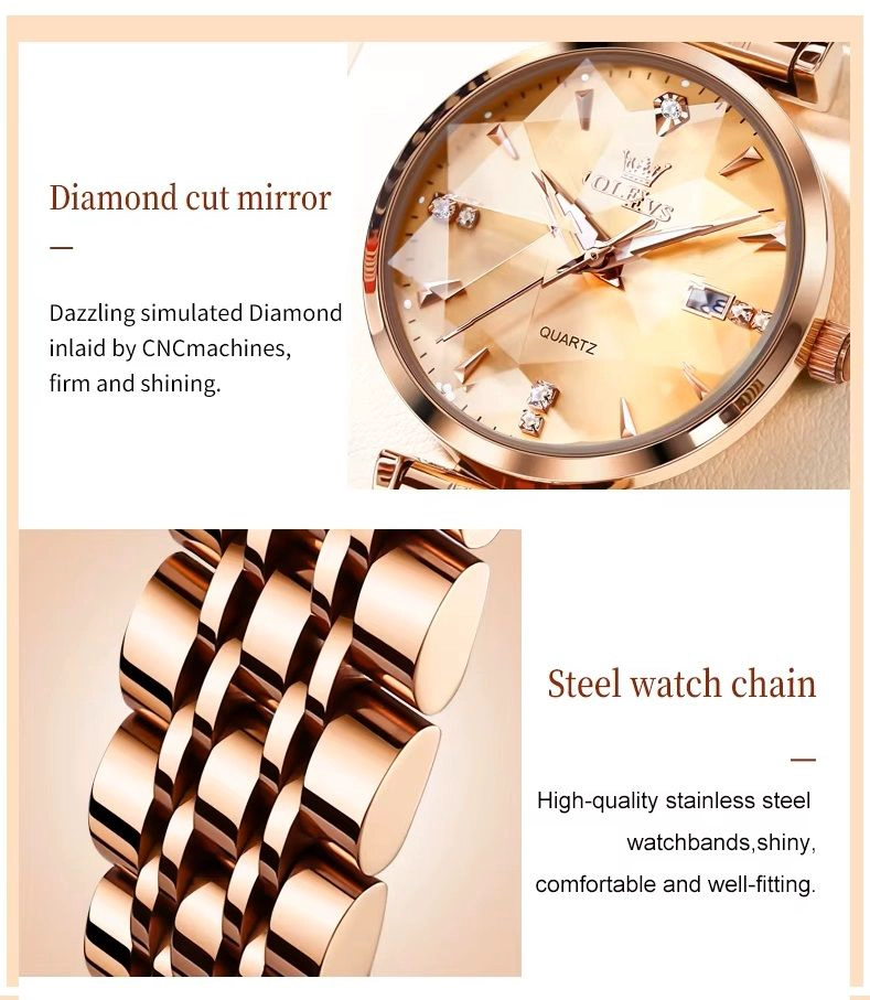 RELOJ LUJO PARA MUJER ESFERA DORADA FACETADA CRISTALES BRILLANTES - 8