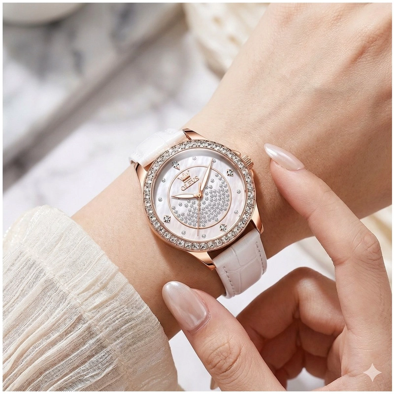 RELOJ ANALOGICO DE MUJER ELEGANTE CON CORREA BLANCA CRISTALES DECORATIVO CALENDARIO - 1