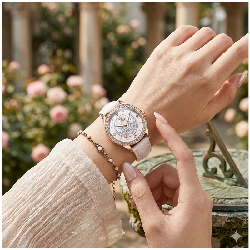 RELOJ ANALOGICO DE MUJER ELEGANTE CON CORREA BLANCA CRISTALES DECORATIVO CALENDARIO - 5