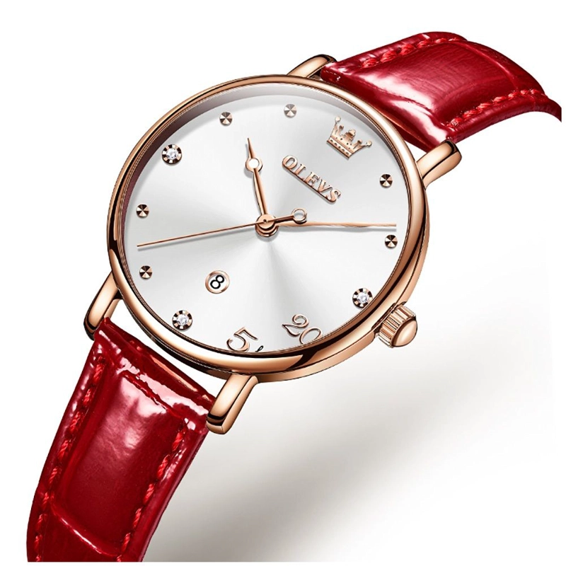 RELOJ FEMENINO DE CUARZO CON CORREA DE CUERO ROJO Y ESFERA DECORATIVA - 6