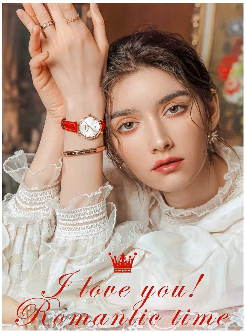 RELOJ FEMENINO DE CUARZO CON CORREA DE CUERO ROJO Y ESFERA DECORATIVA - 7