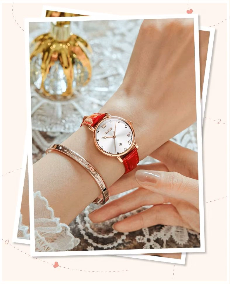 RELOJ FEMENINO DE CUARZO CON CORREA DE CUERO ROJO Y ESFERA DECORATIVA - 8