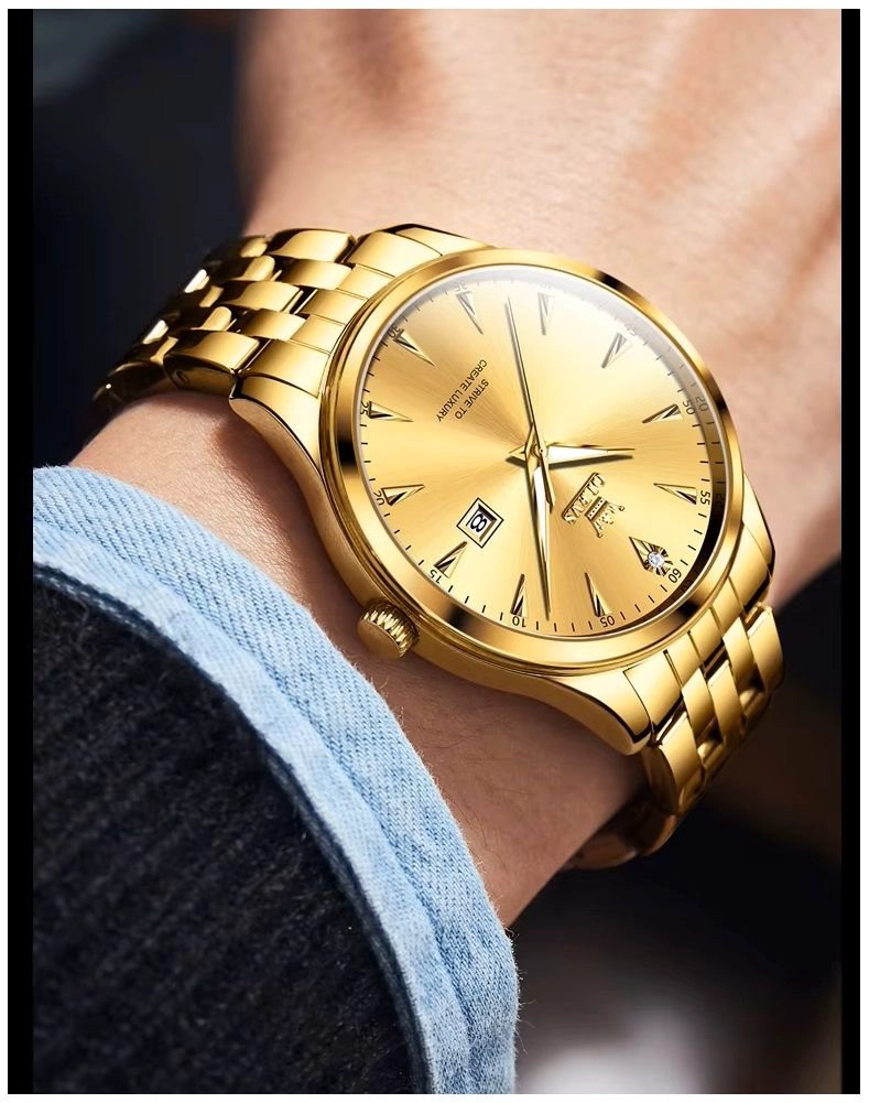 RELOJ DORADO DE LUJO HOMBRE CON CALENDARIO AUTOMATICO Y MOVIMIENTO DE CUARZO RESISTENCIA AL AGUA - 2