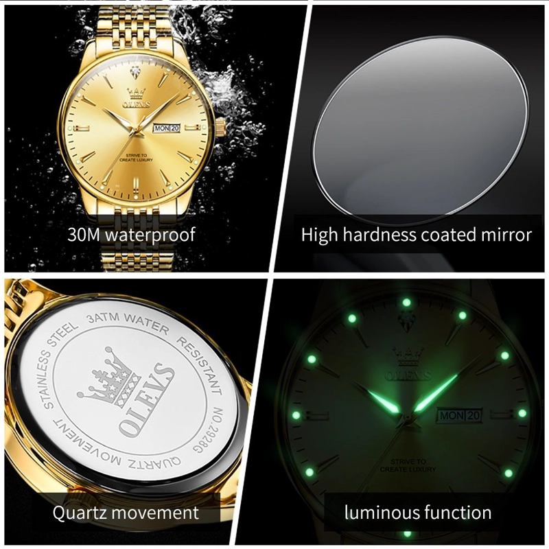 RELOJ DORADO DE LUJO HOMBRE CON CALENDARIO AUTOMATICO Y MOVIMIENTO DE CUARZO RESISTENCIA AL AGUA - 4