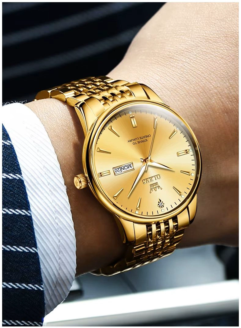 RELOJ DORADO DE LUJO HOMBRE CON CALENDARIO AUTOMATICO Y MOVIMIENTO DE CUARZO RESISTENCIA AL AGUA - 5