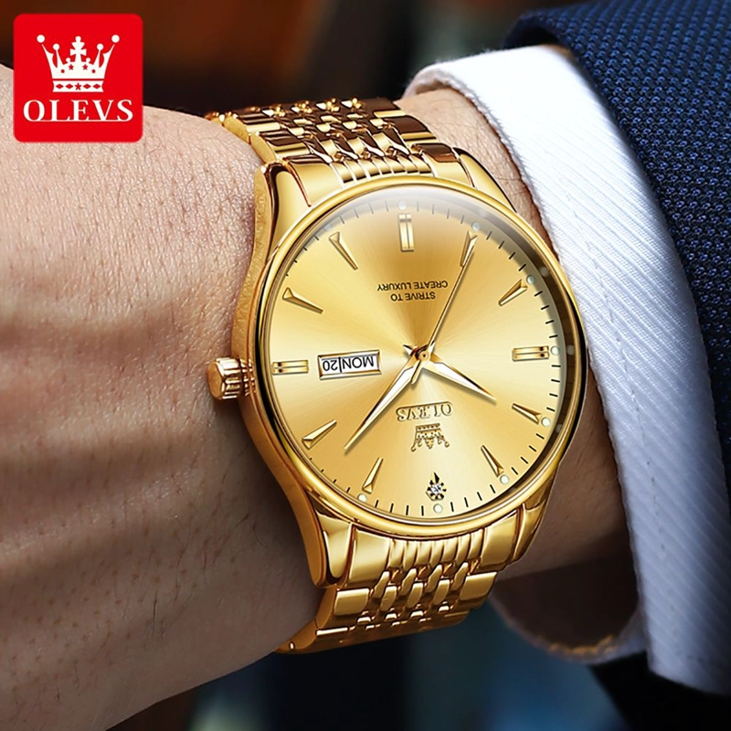 RELOJ DORADO DE LUJO HOMBRE CON CALENDARIO AUTOMATICO Y MOVIMIENTO DE CUARZO RESISTENCIA AL AGUA - 8
