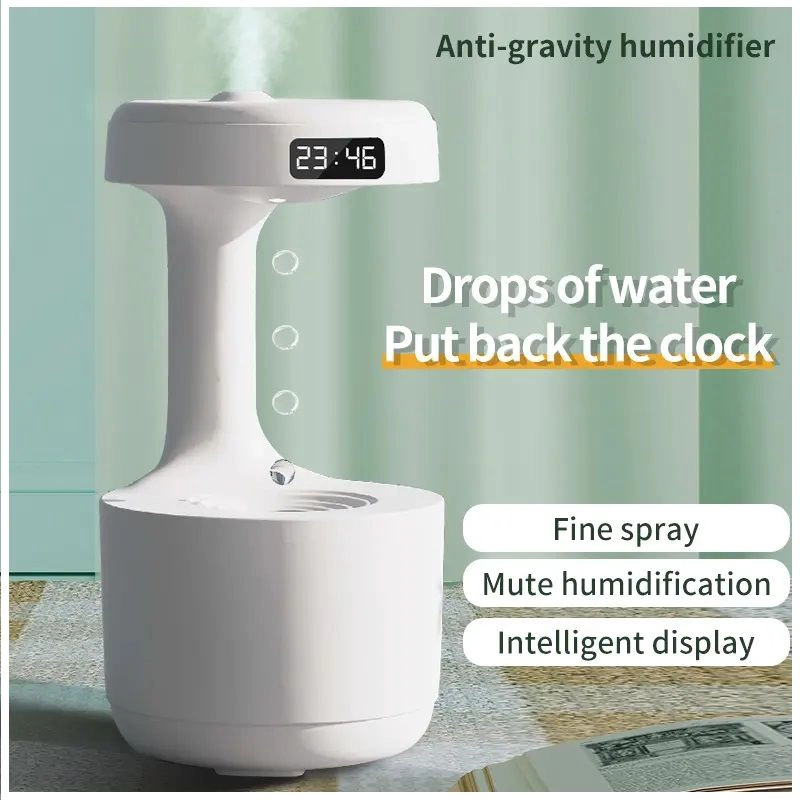 GENÉRICO HUMIDIFICADOR ANTIGRAVEDAD GOTA AGUA RECARGABLE CON RELOJ LUZ CALIDA