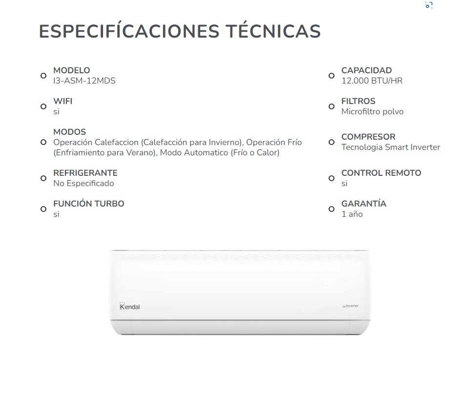 AIRE ACONDICIONADO SPLIT FRIO-CALOR INVERTER 12.000 BTU WIFI KENDAL - 4