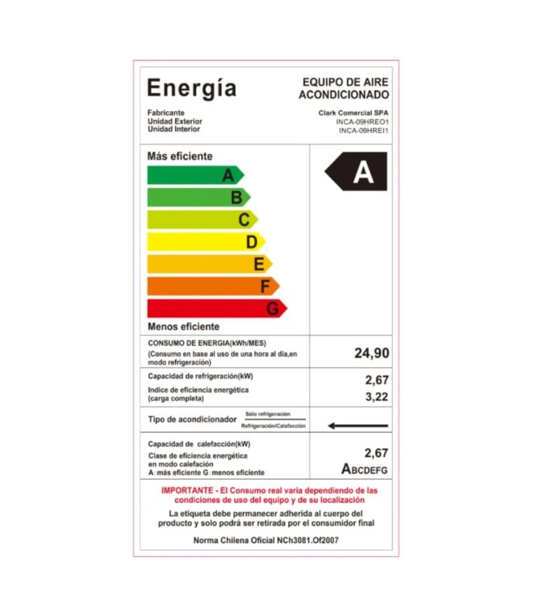 AIRE ACONDICIONADO SPLIT CLARK 9000 BTU INVERTER BLANCO - 3