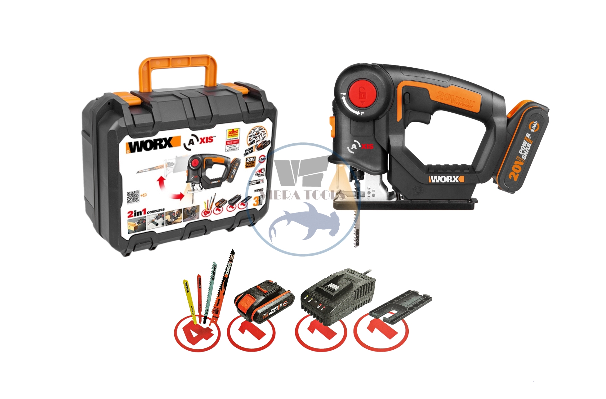 SIERRA WORX INALÁMBRICA 2 EN 1 CALADORA Y SABLE 20 V + 7 PZS - 1