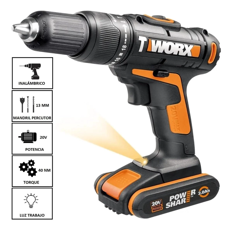 SET TALADRO PERCUTOR WORX INALÁMBRICO 13 MM 20 V + BAT + CARGADOR - 8