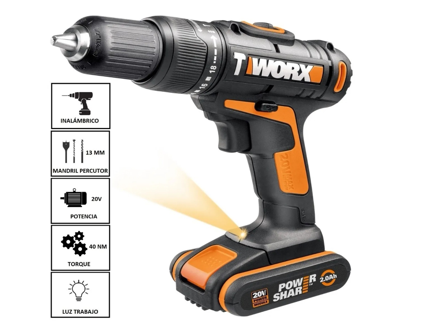 TALADRO PERCUTOR WORX INALÁMBRICO 13 MM 20 V SOLO - 2