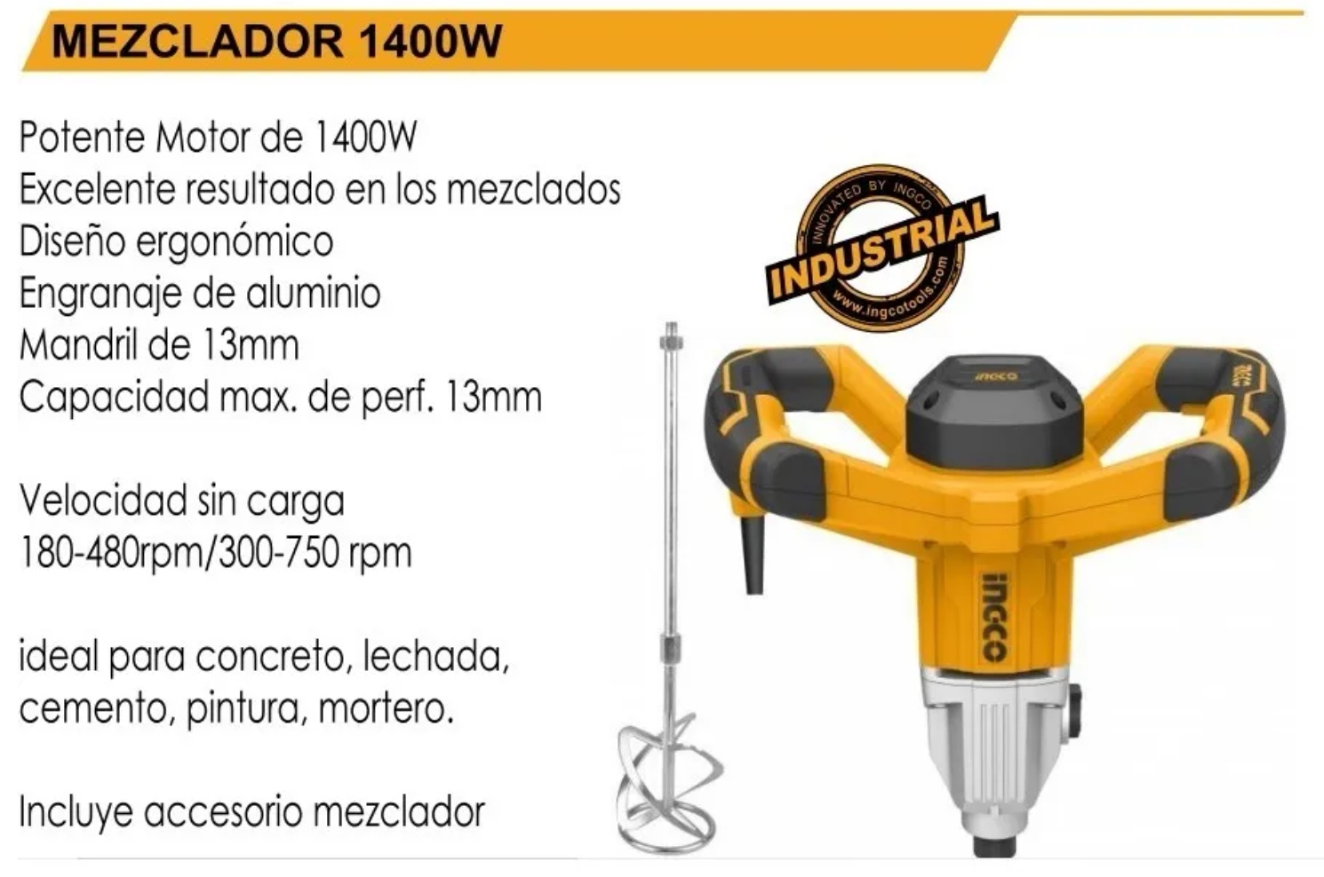 MEZCLADOR INGCO ELÉCTRICO INDUSTRIAL 1400 W + 5 ACCESORIOS - 4
