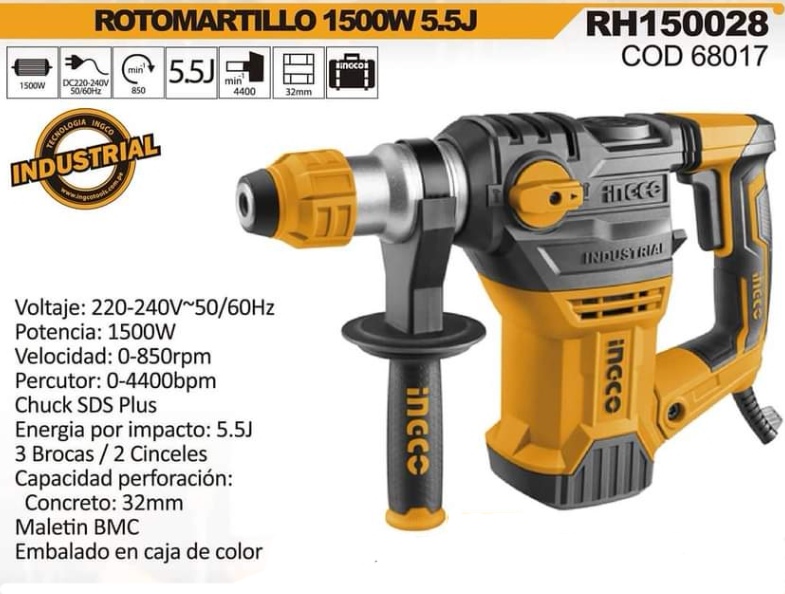ROTOMARTILLO INGCO ELÉCTRICO SDS PLUS 1500 W INDUSTRIAL + 8P - 4