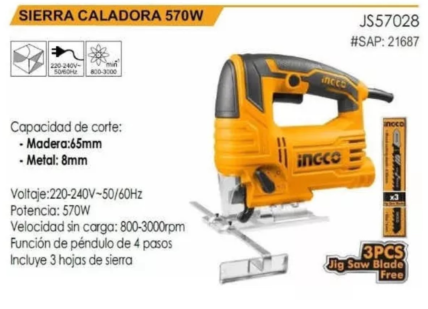 SIERRA INGCO CALADORA ELÉCTRICA 570 W + 3 + ACCESORIO - 3
